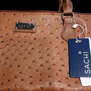 SACHI ostrich insulated designer tote with drop down handles. Brown.